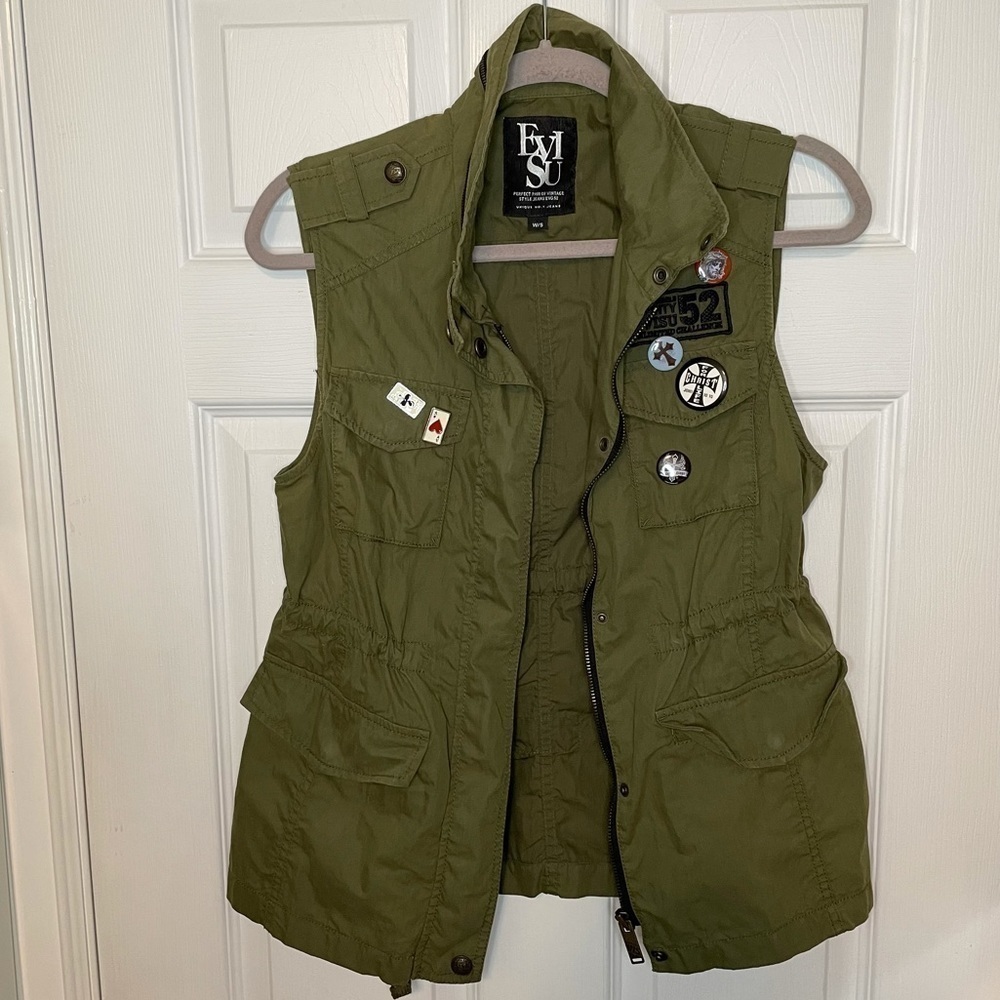 evisu Khaki Green Cargo Army Vest with Pins Small